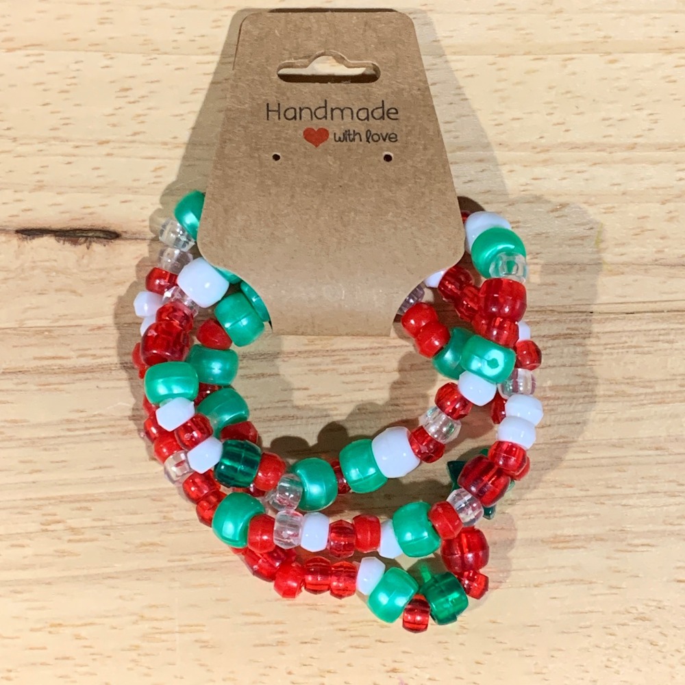 Handmade Beaded Bracelet Women 3PC Christmas Kandi Red Green White Holiday